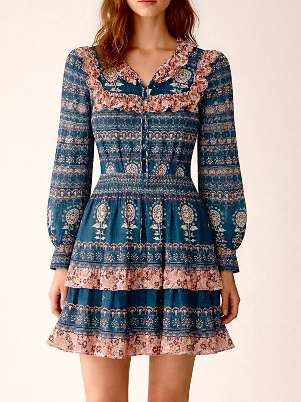 Ruffle Mini Dress Boho Tiered Teal Print Aureum Size Small NWT